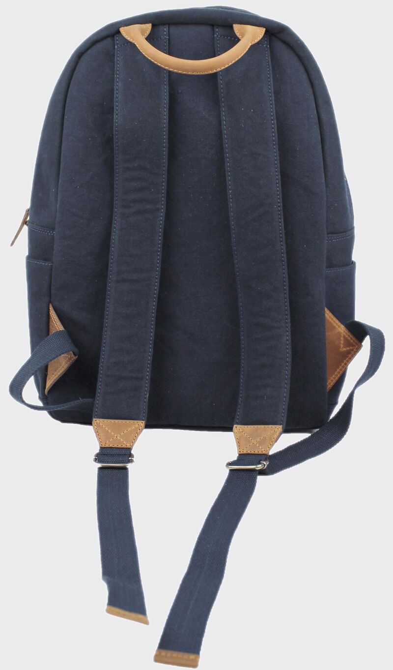 Back of a navy V164-400 Rawlings Canvas backpack with navy shoulder straps